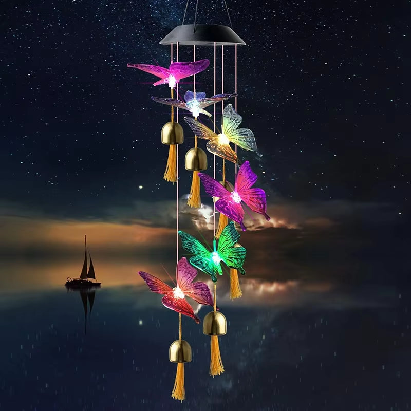 Colorful Butterfly Solar Wind Chimes with glowing butterflies and golden tassels