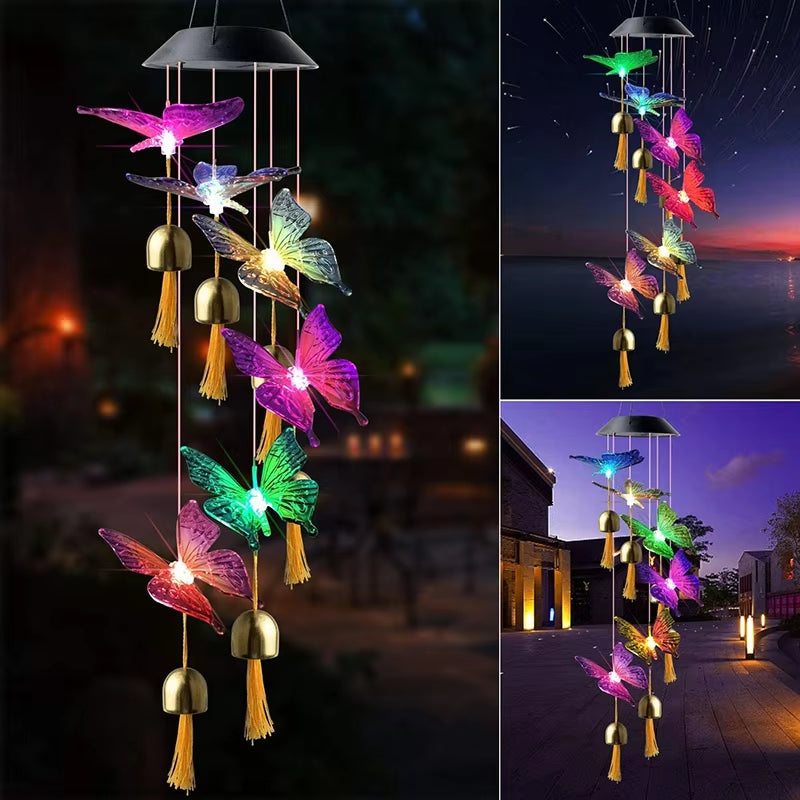 Colorful Butterfly Solar Wind Chimes with LED Butterflies and Metallic Bells for Garden Decor