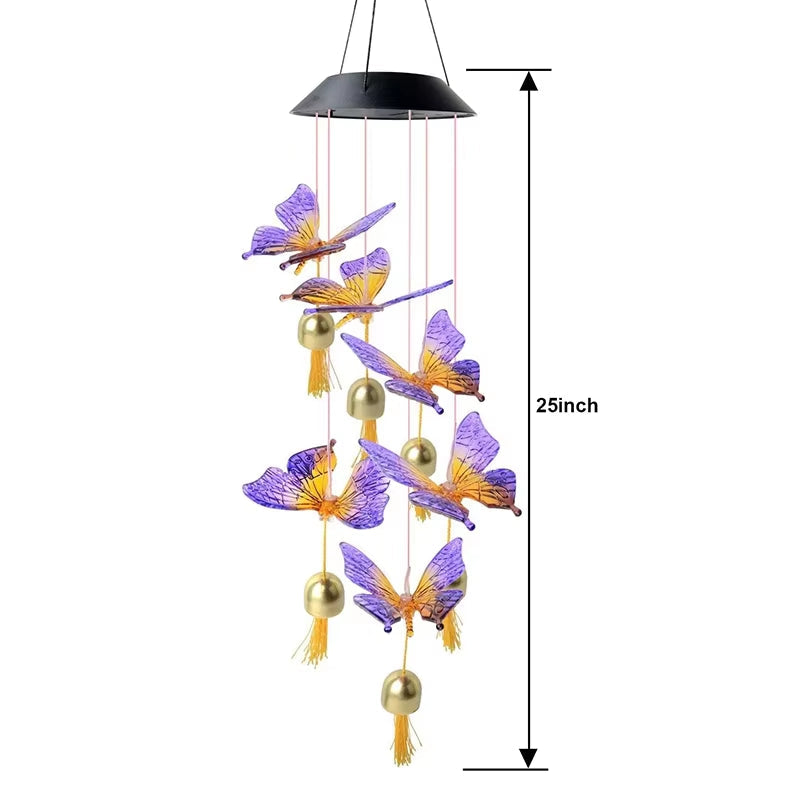 Solar-powered wind chime with purple and yellow butterflies for garden decor