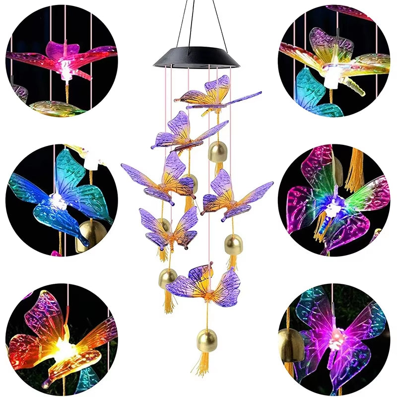 Solar-powered LED butterfly wind chime with color-changing lights for garden decor
