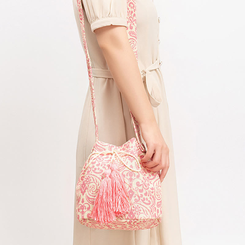 Colorful Canvas Bucket Bag with Geometry Flowers Print