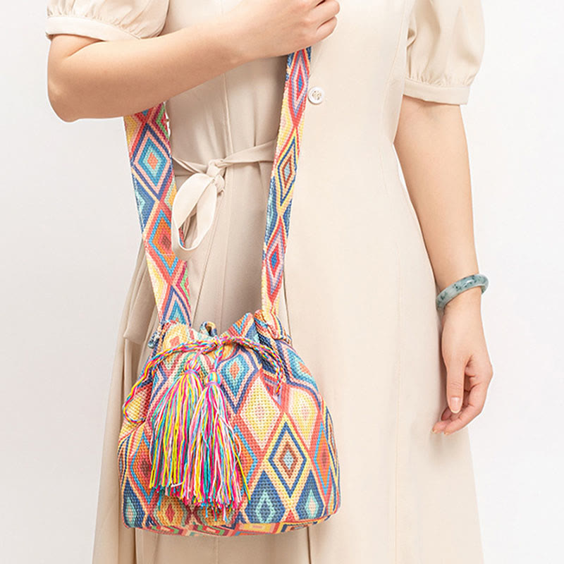 Colorful Canvas Bucket Bag with Geometry Flowers Print