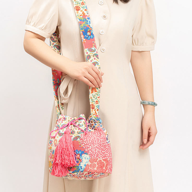 Colorful Canvas Bucket Bag with Geometry Flowers Print