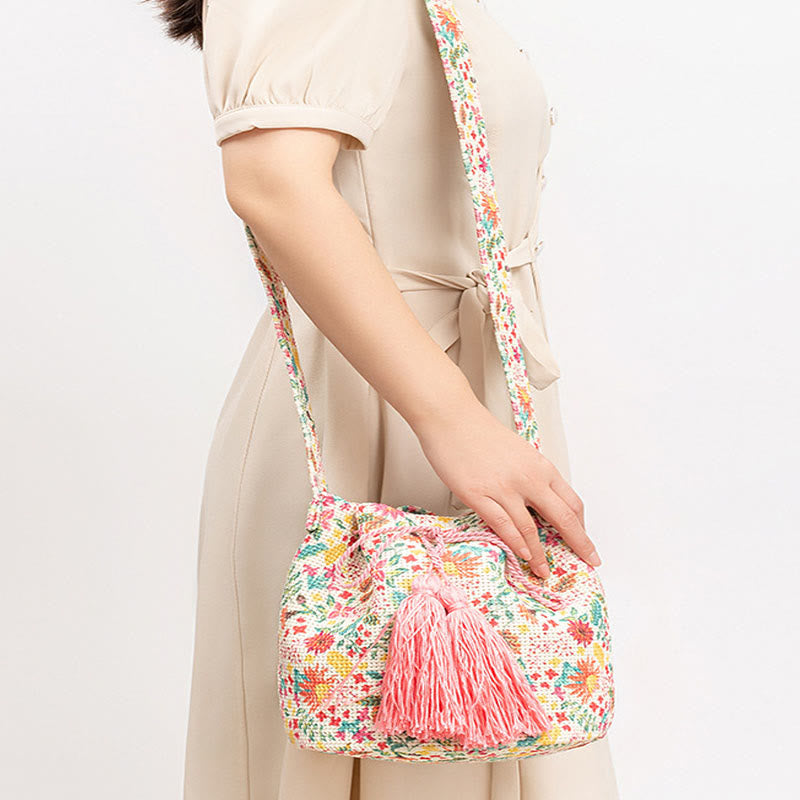 Colorful Canvas Bucket Bag with Geometry Flowers Print