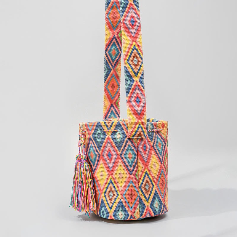 Colorful Canvas Bucket Bag with Geometry Flowers Print