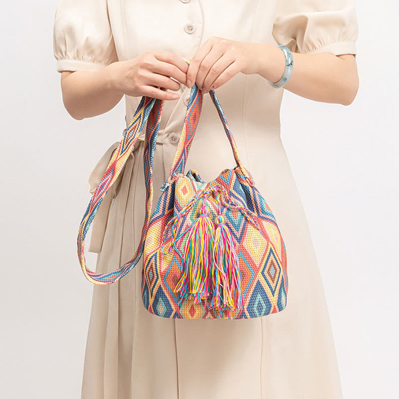Colorful Canvas Bucket Bag with Geometry Flowers Print
