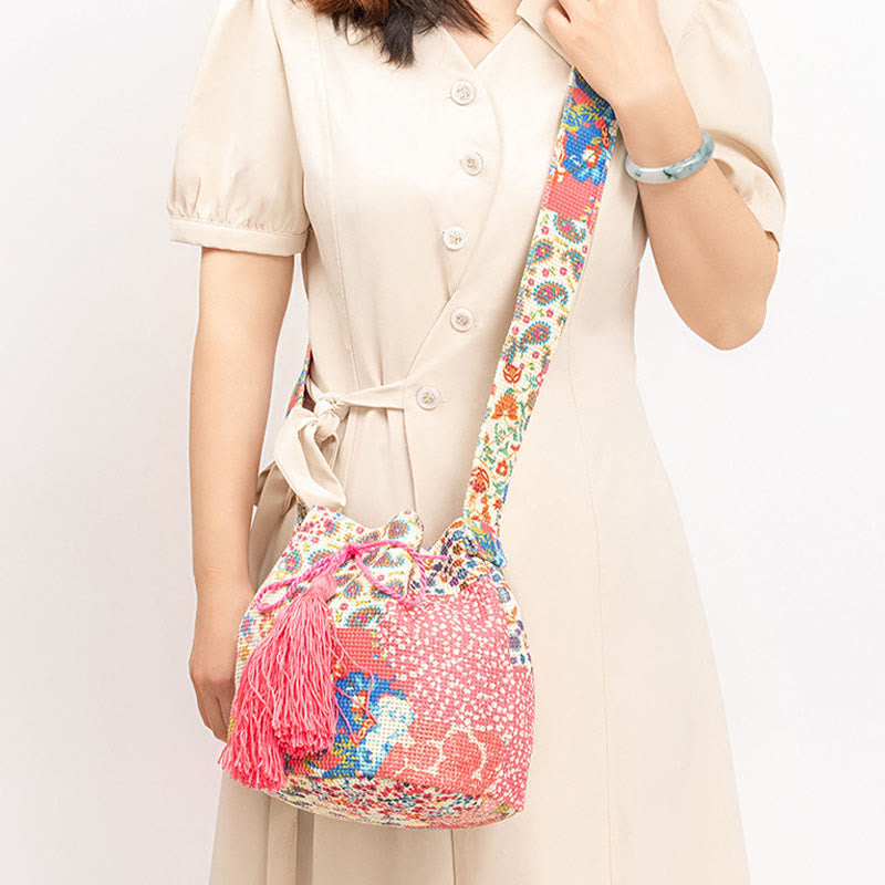 Colorful Canvas Bucket Bag with Geometry Flowers Print