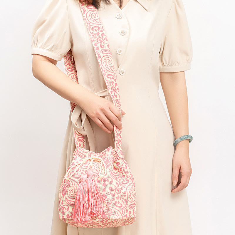 Colorful Canvas Bucket Bag with Geometry Flowers Print