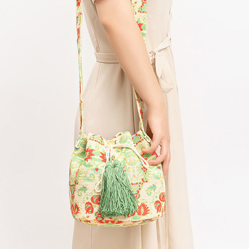 Colorful Canvas Bucket Bag with Geometry Flowers Print