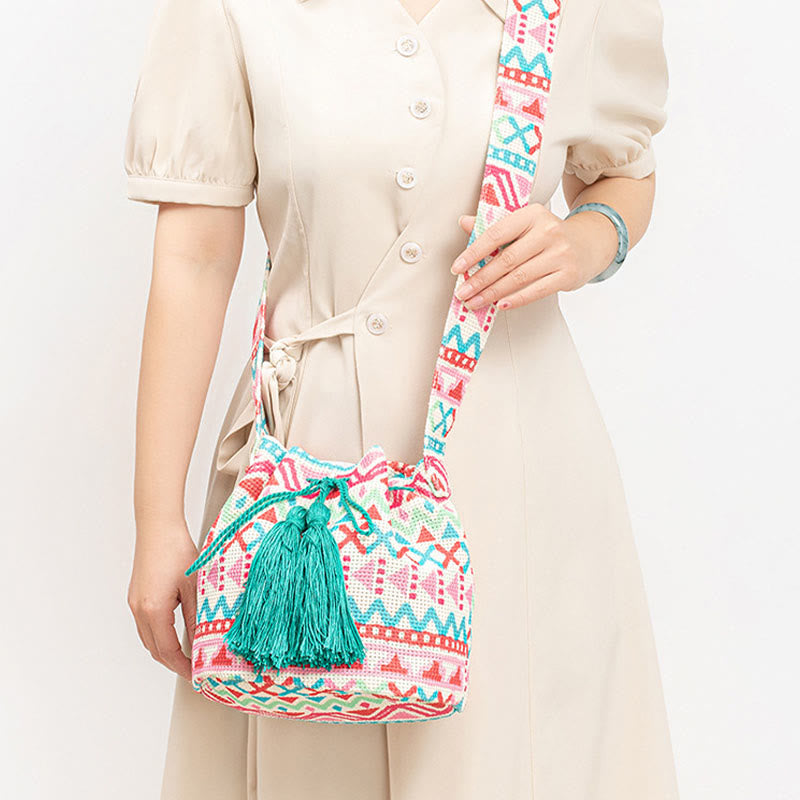 Colorful Canvas Bucket Bag with Geometry Flowers Print