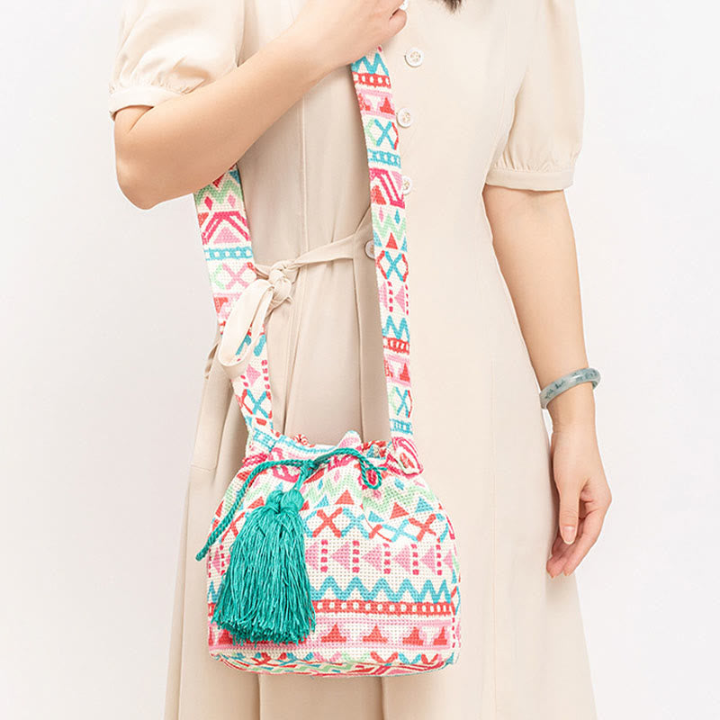 Colorful Canvas Bucket Bag with Geometry Flowers Print