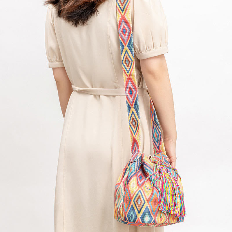 Colorful Canvas Bucket Bag with Geometry Flowers Print