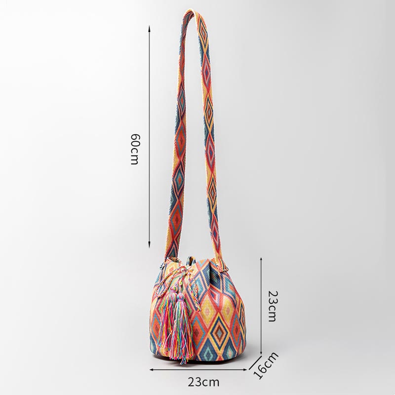 Colorful Canvas Bucket Bag with Geometry Flowers Print