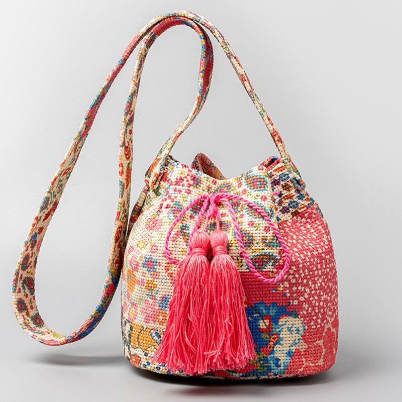 Colorful Canvas Bucket Bag with Geometry Flowers Print