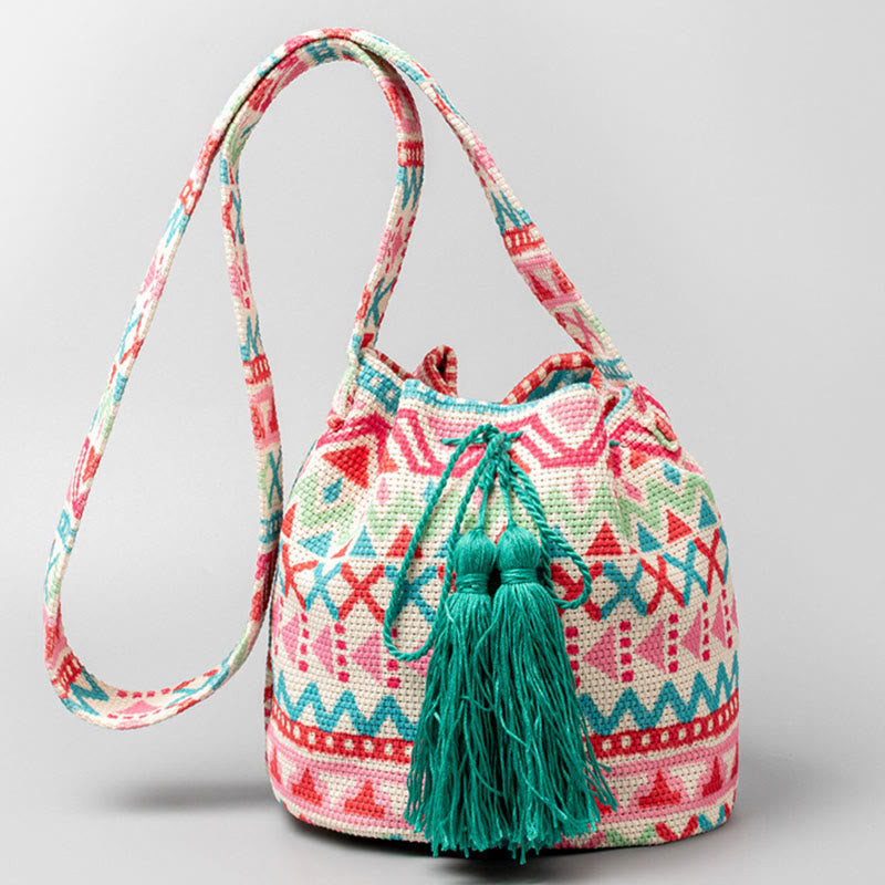 Colorful Canvas Bucket Bag with Geometry Flowers Print