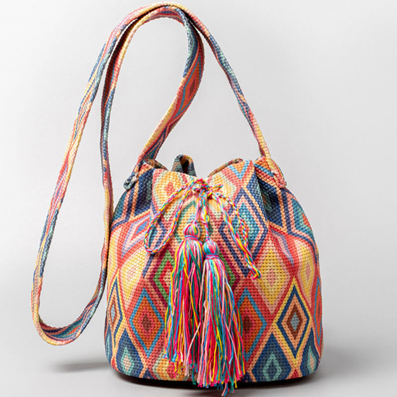 Colorful Canvas Bucket Bag with Geometry Flowers Print