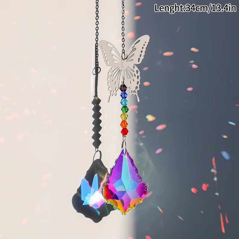 Colorful Crystal Suncatcher Wind Chime Spinner with Butterfly Charm and Rainbow Beads