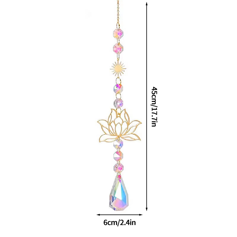 Decorative hanging crystal suncatcher with golden lotus design and iridescent beads