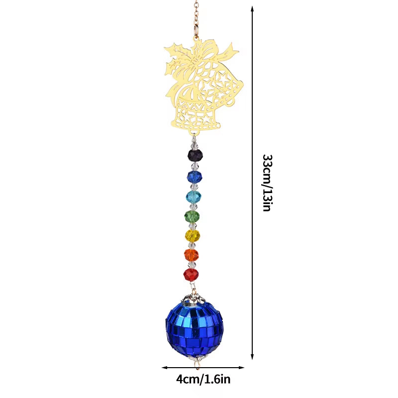 Colorful Crystal Suncatcher Wind Chime Spinner with Rainbow Chakra Beads and Blue Disco Ball