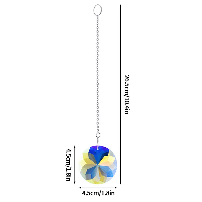 Crystal ball pendant with blue and yellow facets on chain for Colorful Crystal Suncatcher