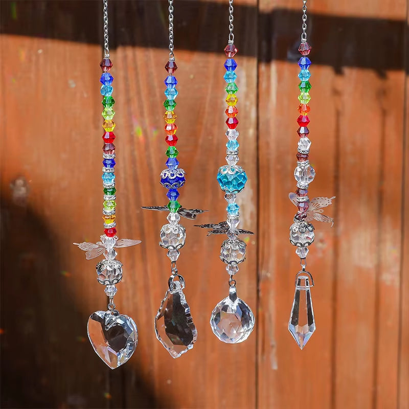 Rainbow crystal suncatchers with angel wings and prisms for colorful décor