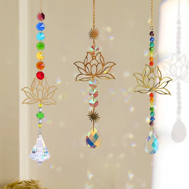 Decorative hanging crystal suncatchers with lotus flower and rainbow beads for beauty
