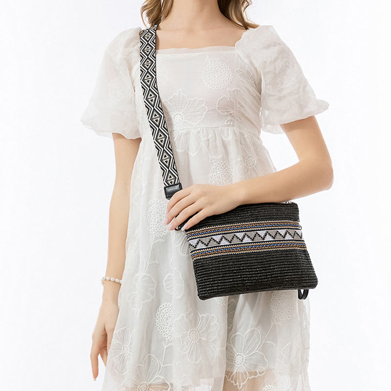 Colorful Geometry Boho Straw Woven Crossbody Bag 28cm