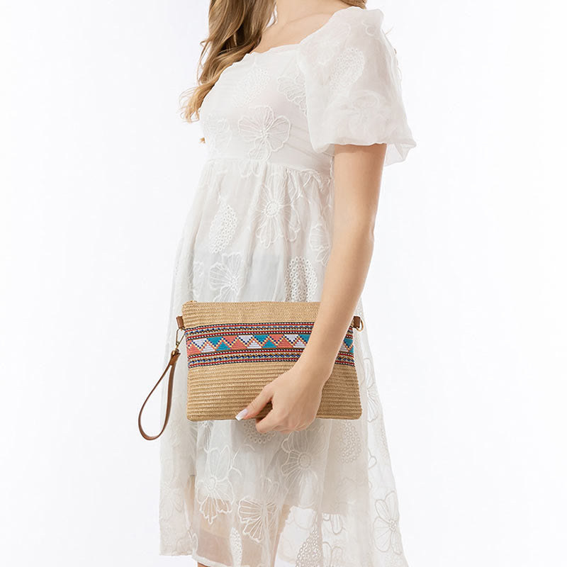 Colorful Geometry Boho Straw Woven Crossbody Bag 28cm