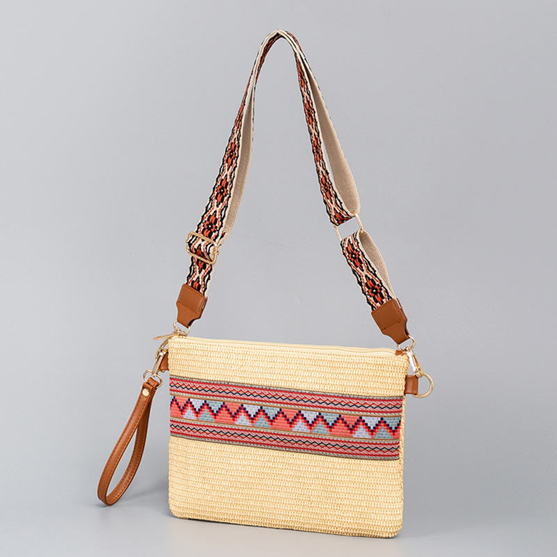 Colorful Geometry Boho Straw Woven Crossbody Bag 28cm
