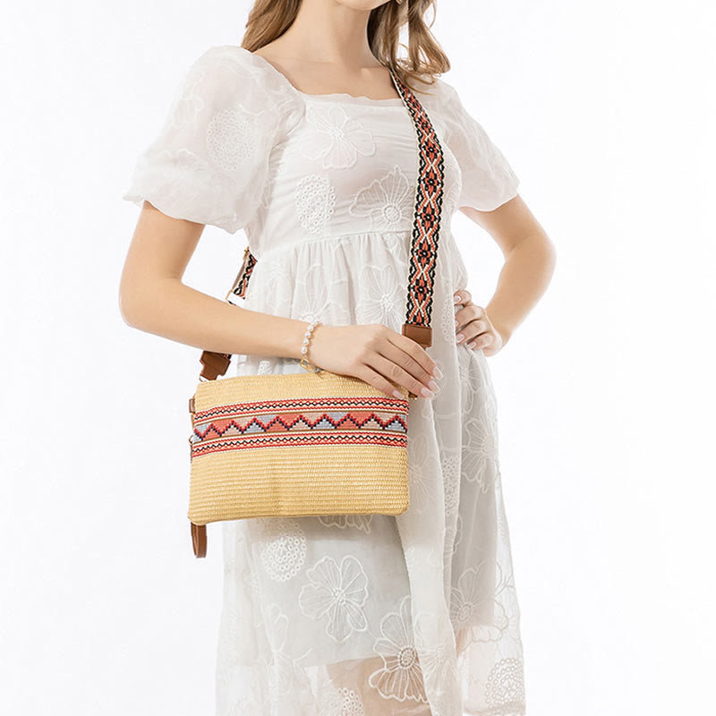 Colorful Geometry Boho Straw Woven Crossbody Bag 28cm