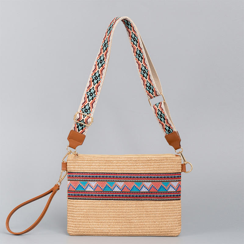 Colorful Geometry Boho Straw Woven Crossbody Bag 28cm
