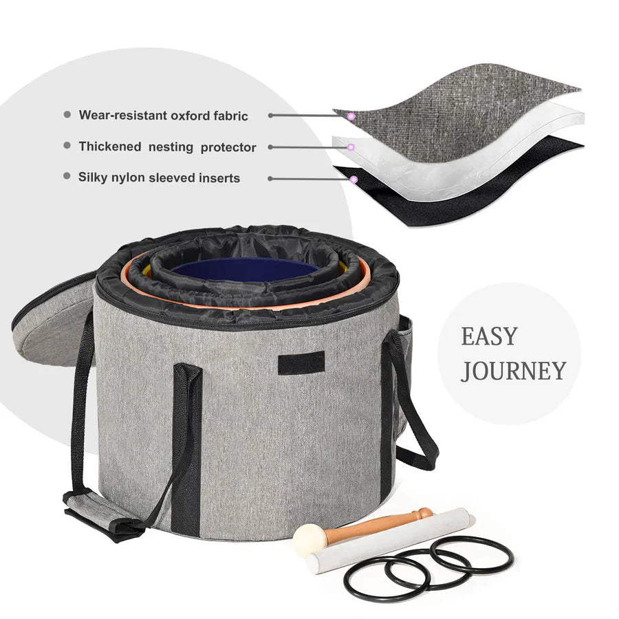 Gray insulated pet carrier with shoulder strap next to Colorful Quartz Crystal Singing Bowl Set