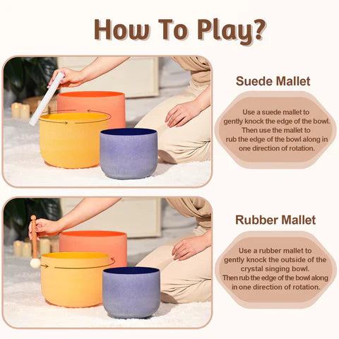 Instructions for playing Colorful Quartz Crystal Singing Bowls with mallets