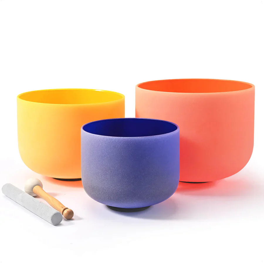 Colorful Quartz Crystal Singing Bowl Set with mallets in vibrant hues