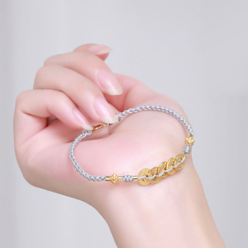 Copper Coin Tree of Life Bracelet with Pearl and Blue Rope