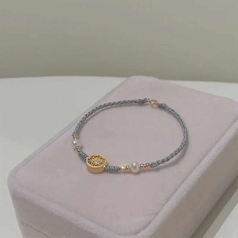 Copper Coin Tree of Life Bracelet with Pearl and Blue Rope