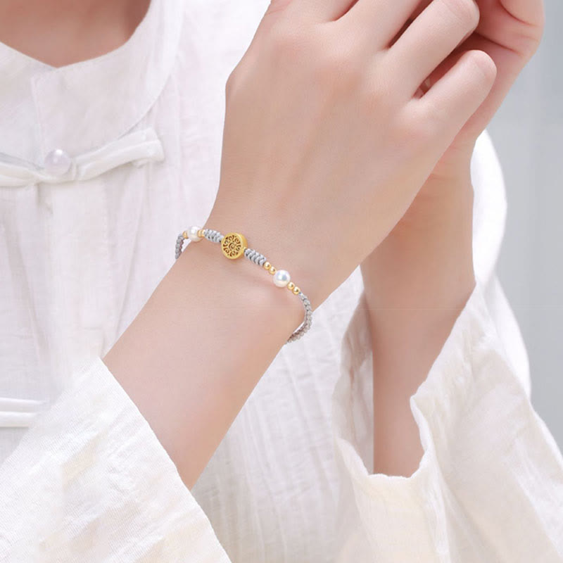 Copper Coin Tree of Life Bracelet with Pearl and Blue Rope