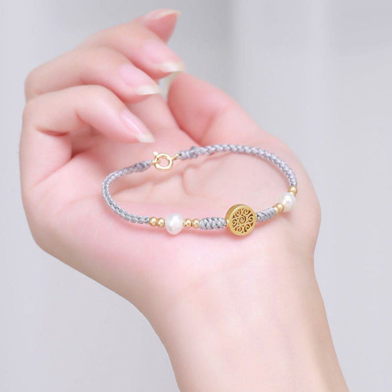 Copper Coin Tree of Life Bracelet with Pearl and Blue Rope