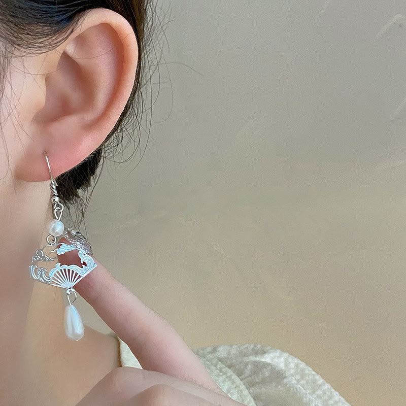 Copper Fan Pearl Drop Earrings | Prosperity & Protection