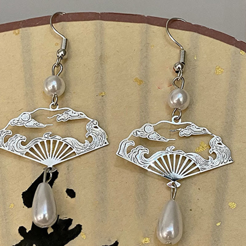 Copper Fan Pearl Drop Earrings | Prosperity & Protection