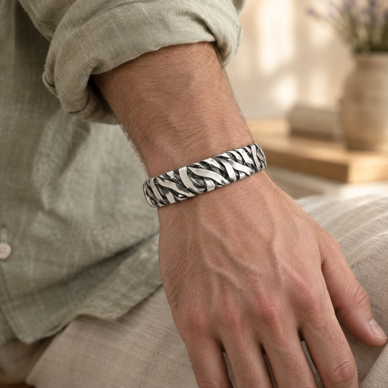 Copper Healing Cuff Bracelet, worn on the wrist by a man