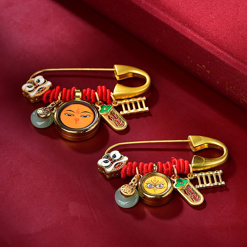 Copper Jade Dancing Lion Peace Buckle Brooch for Protection