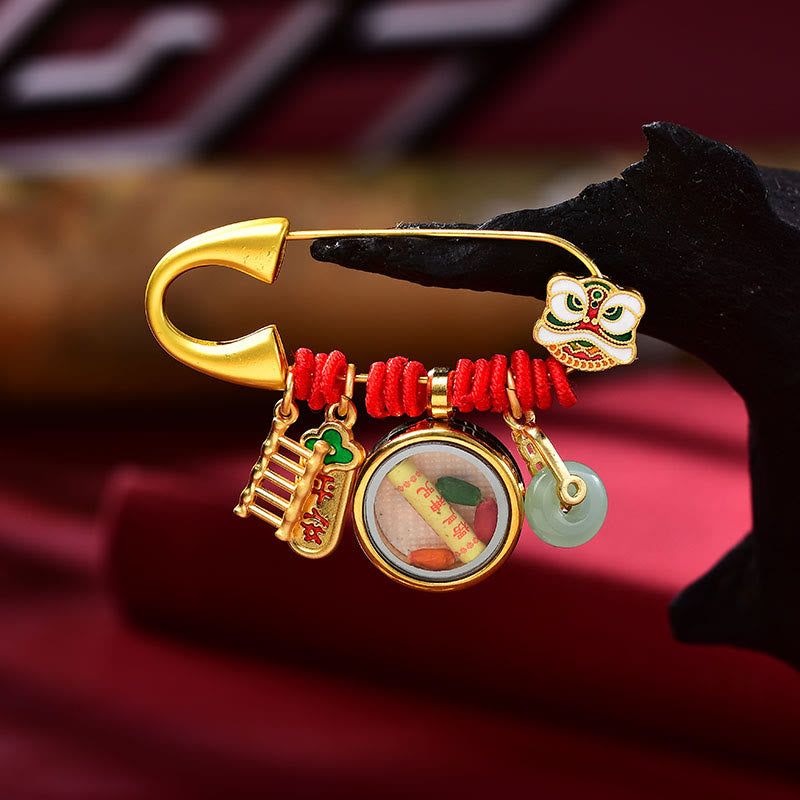 Copper Jade Dancing Lion Peace Buckle Brooch for Protection