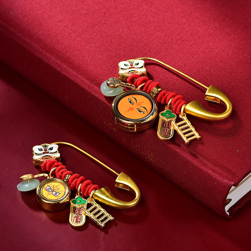 Copper Jade Dancing Lion Peace Buckle Brooch for Protection