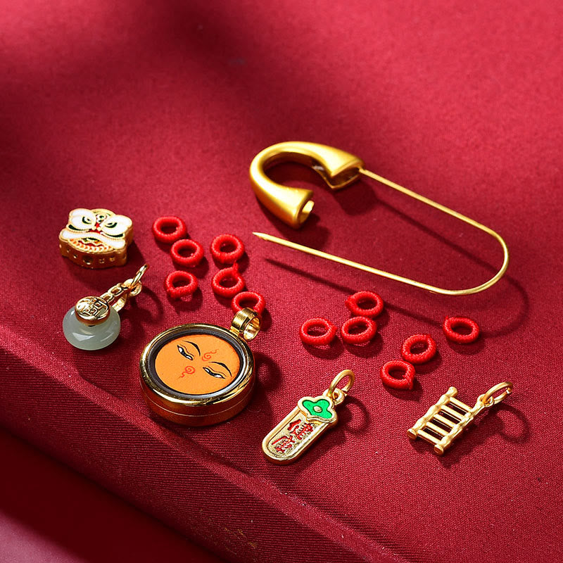 Copper Jade Dancing Lion Peace Buckle Brooch for Protection