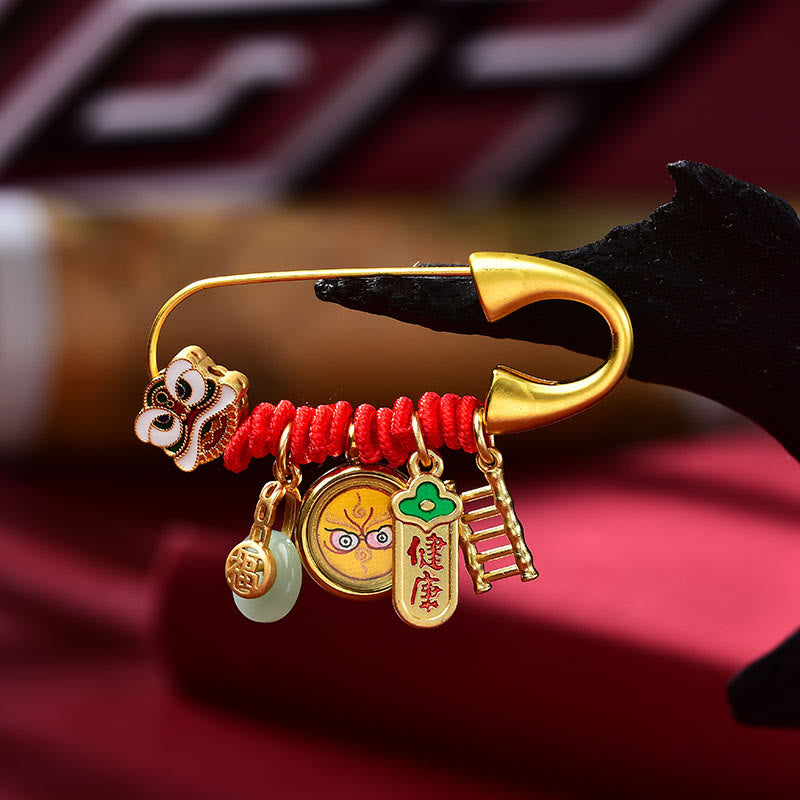 Copper Jade Dancing Lion Peace Buckle Brooch for Protection