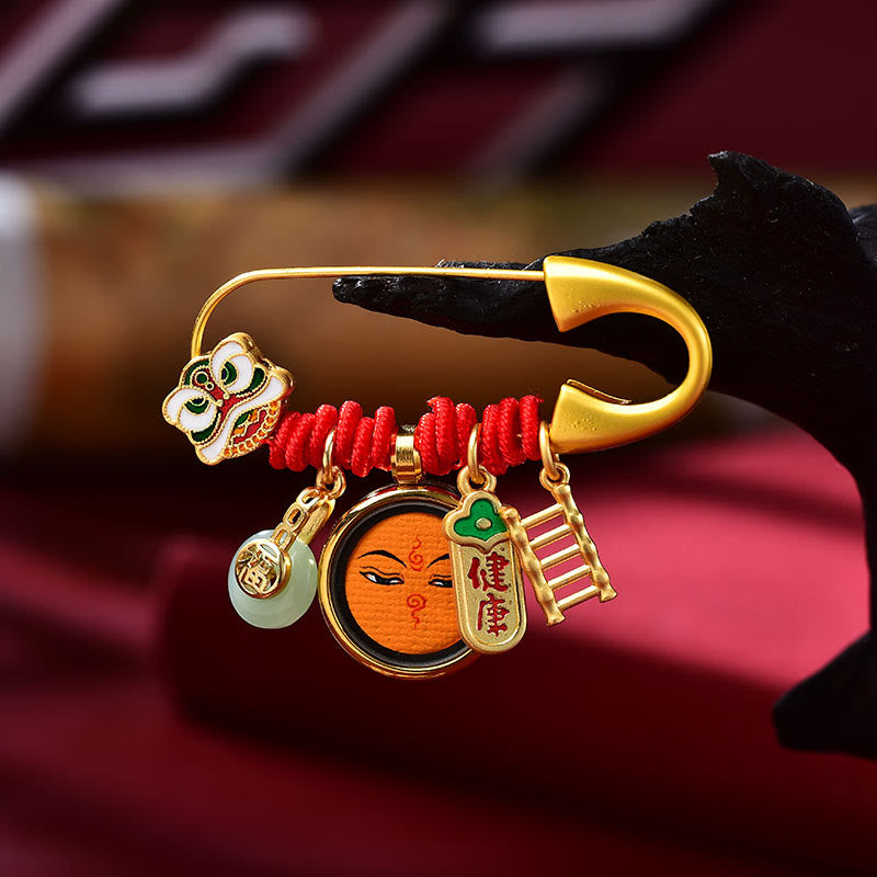 Copper Jade Dancing Lion Peace Buckle Brooch for Protection