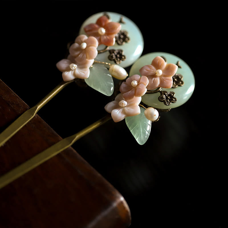 Copper Jade Shell Flower Leaves Luck Hairpin | Chinese Hairpins