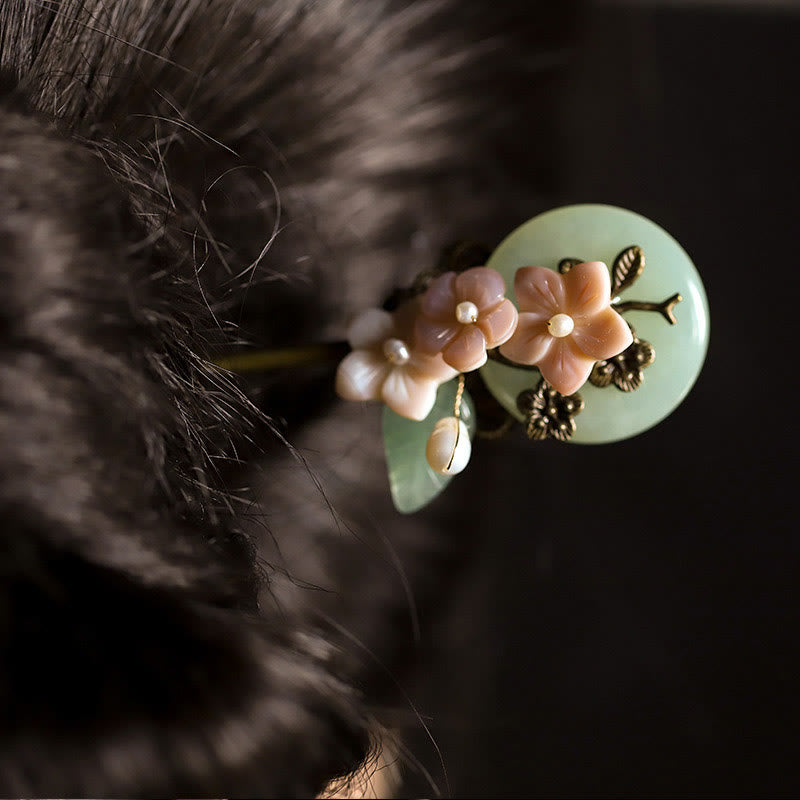 Copper Jade Shell Flower Leaves Luck Hairpin | Chinese Hairpins