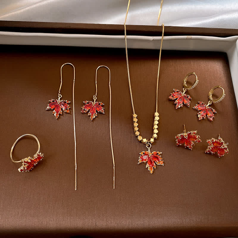 Copper Maple Leaf Zircon Necklace Pendant Ring Earrings for Luck